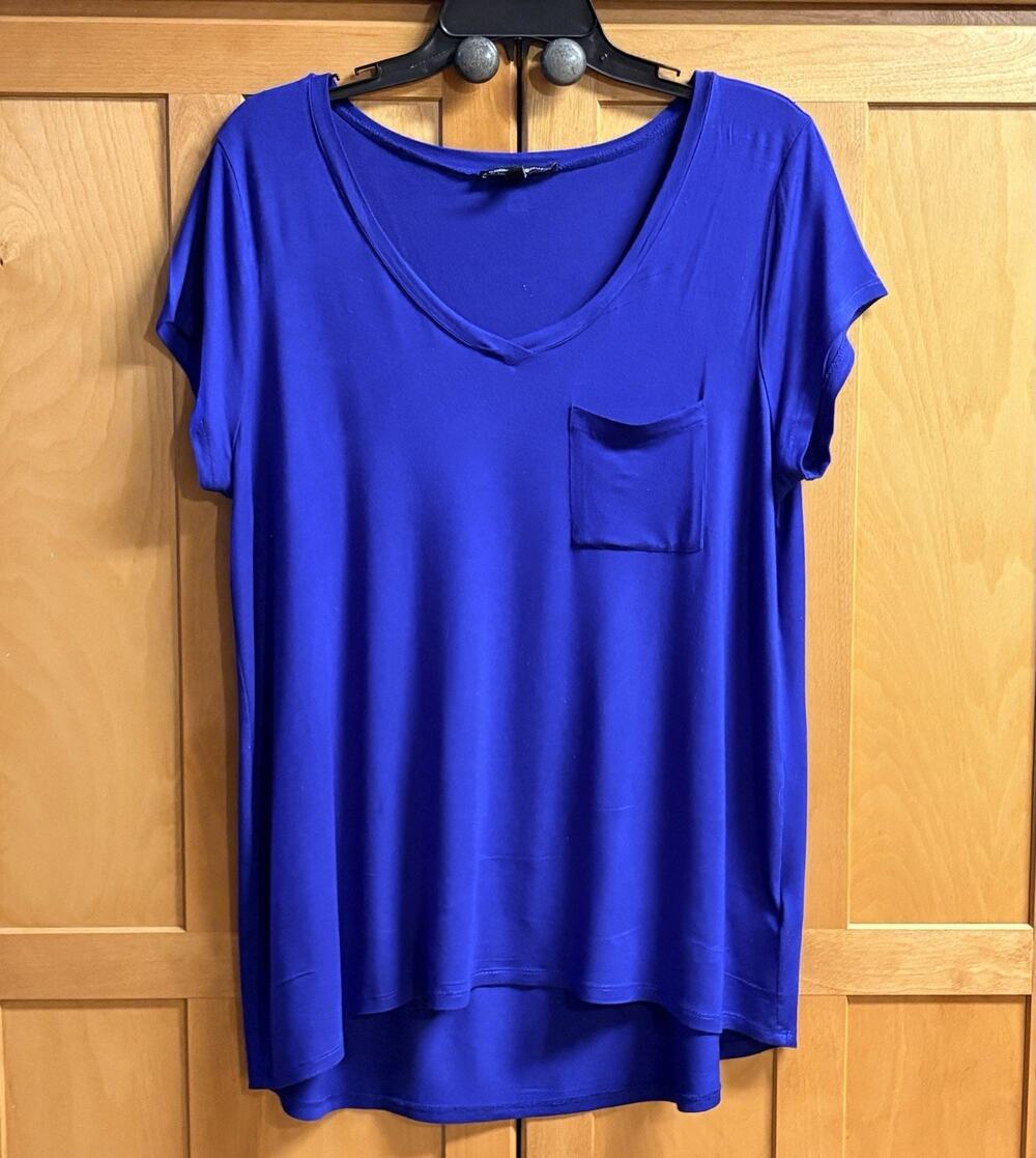 Cable & Gauge Top Size XL Blue V Neck Cap Sleeve Hi-Low Pocket
